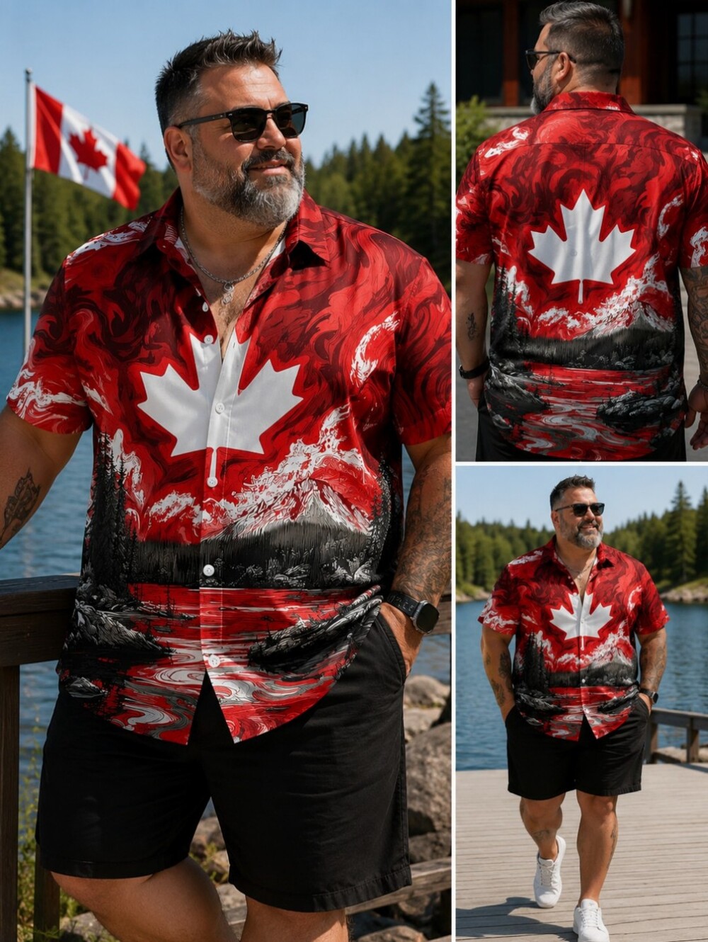 Casual Red Graphic Button-Down Shirt with White Maple Leaf